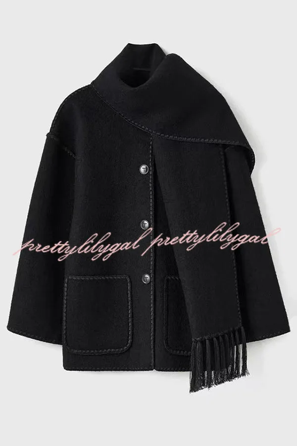 Stylish Loose Pocket Long Sleeve Coat and Warm Fringed Scarf