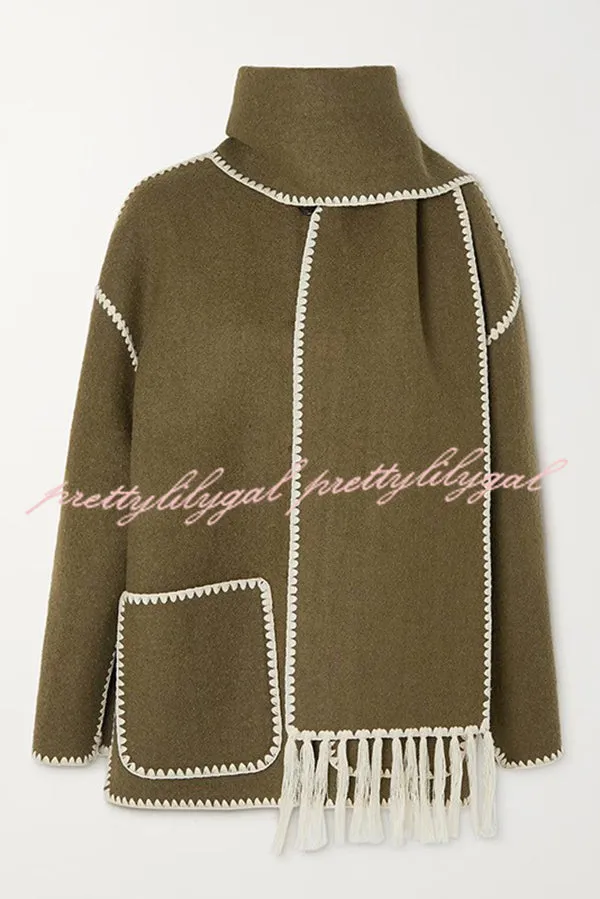 Stylish Loose Pocket Long Sleeve Coat and Warm Fringed Scarf