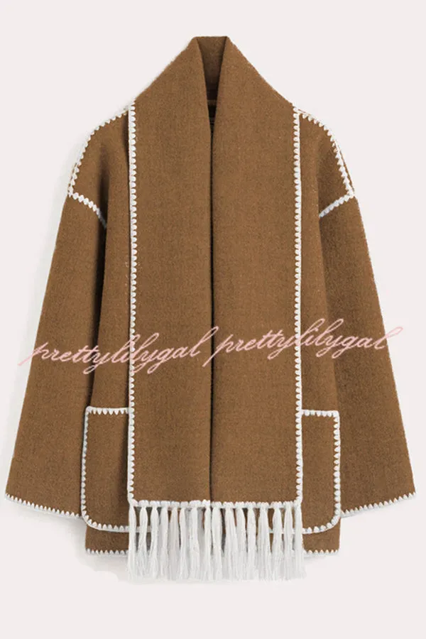 Stylish Loose Pocket Long Sleeve Coat and Warm Fringed Scarf