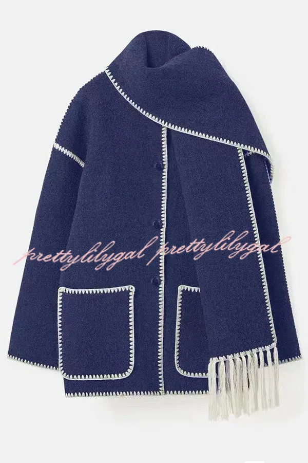 Stylish Loose Pocket Long Sleeve Coat and Warm Fringed Scarf