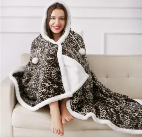 Super Soft Warm Sherpa Fleece Wearable Hoodie Blankets LEOPARD Designs -130 x 180 cm