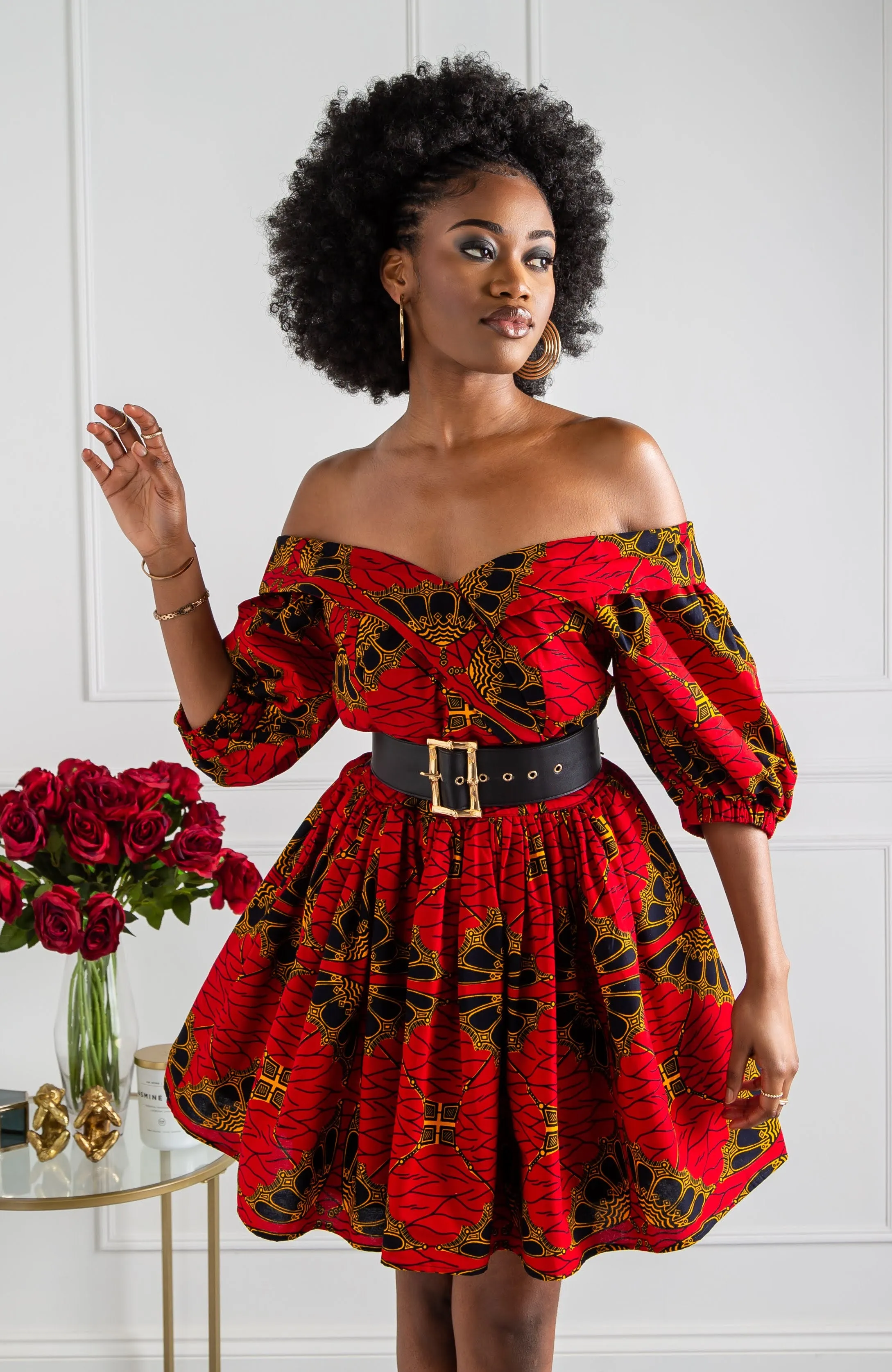 Surplice Off Shoulder Midi Dress with Balloon Sleeves - CORDELIA