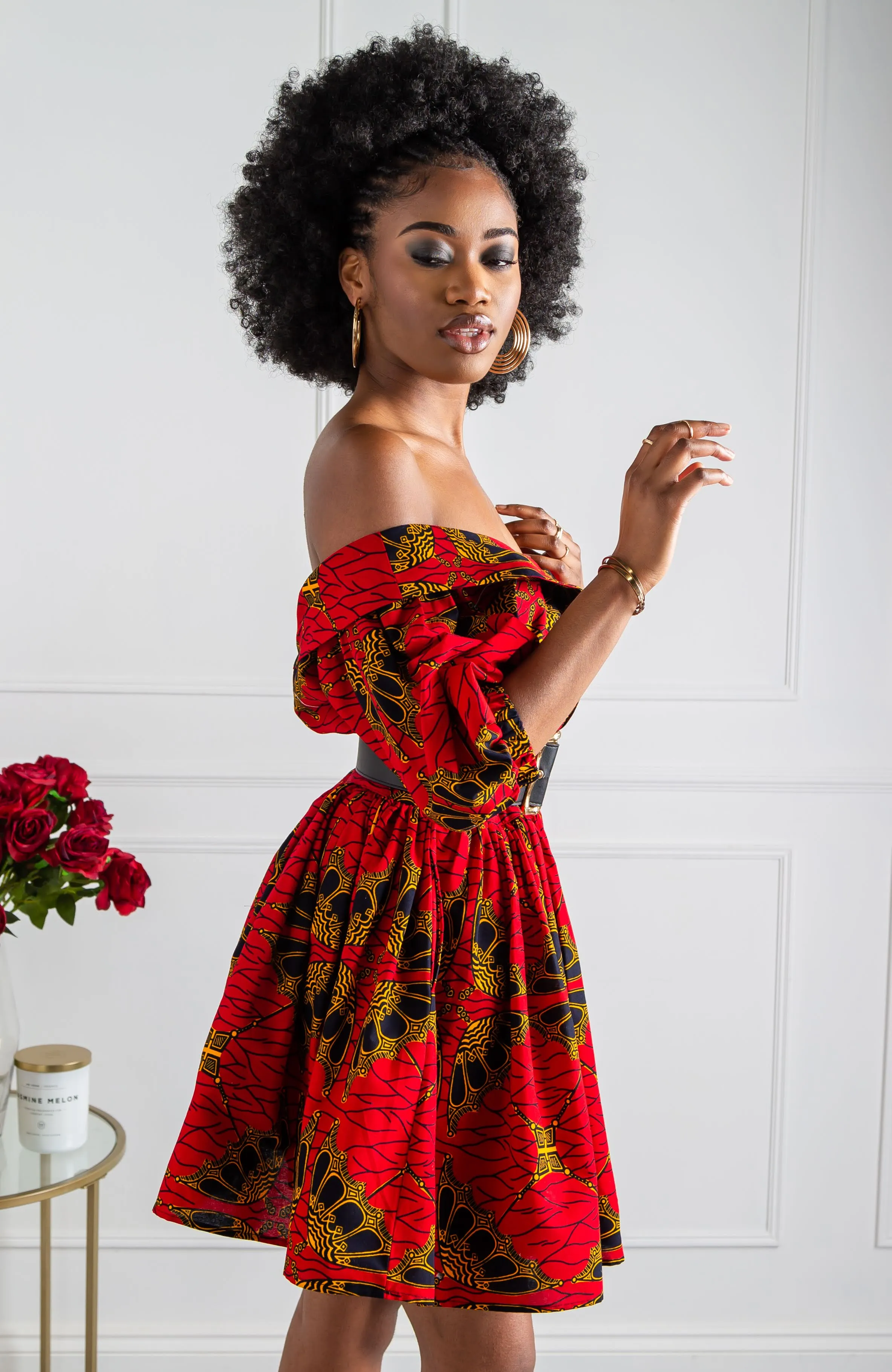 Surplice Off Shoulder Midi Dress with Balloon Sleeves - CORDELIA