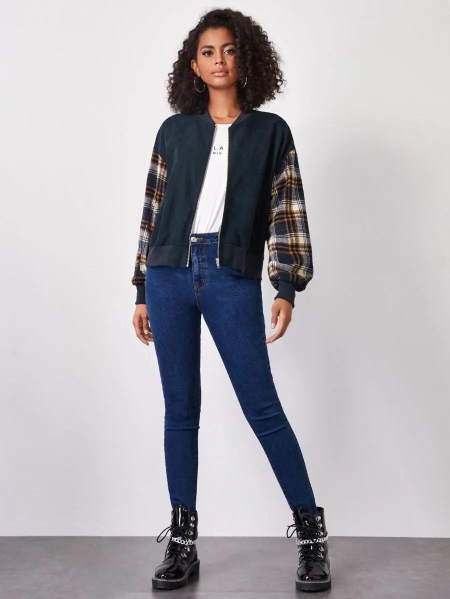 Tartan Sleeve Bomber Jacket