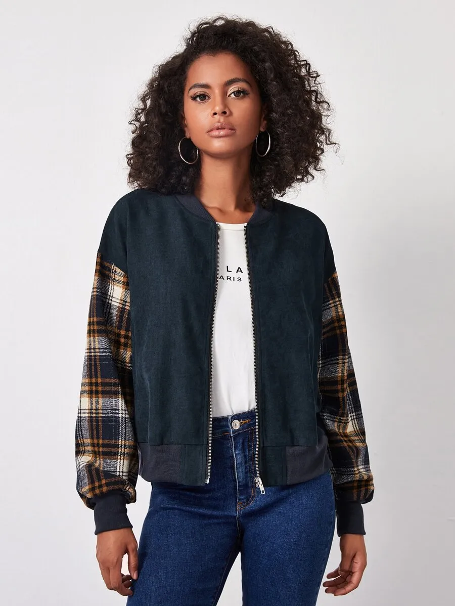 Tartan Sleeve Bomber Jacket