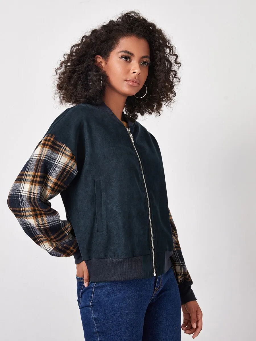 Tartan Sleeve Bomber Jacket