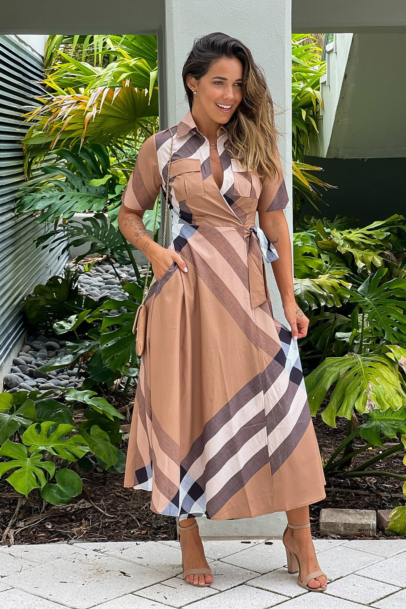 Taupe Printed Wrap Dress