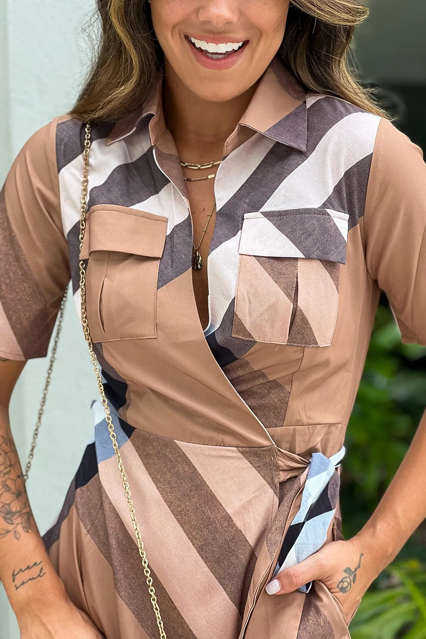 Taupe Printed Wrap Dress