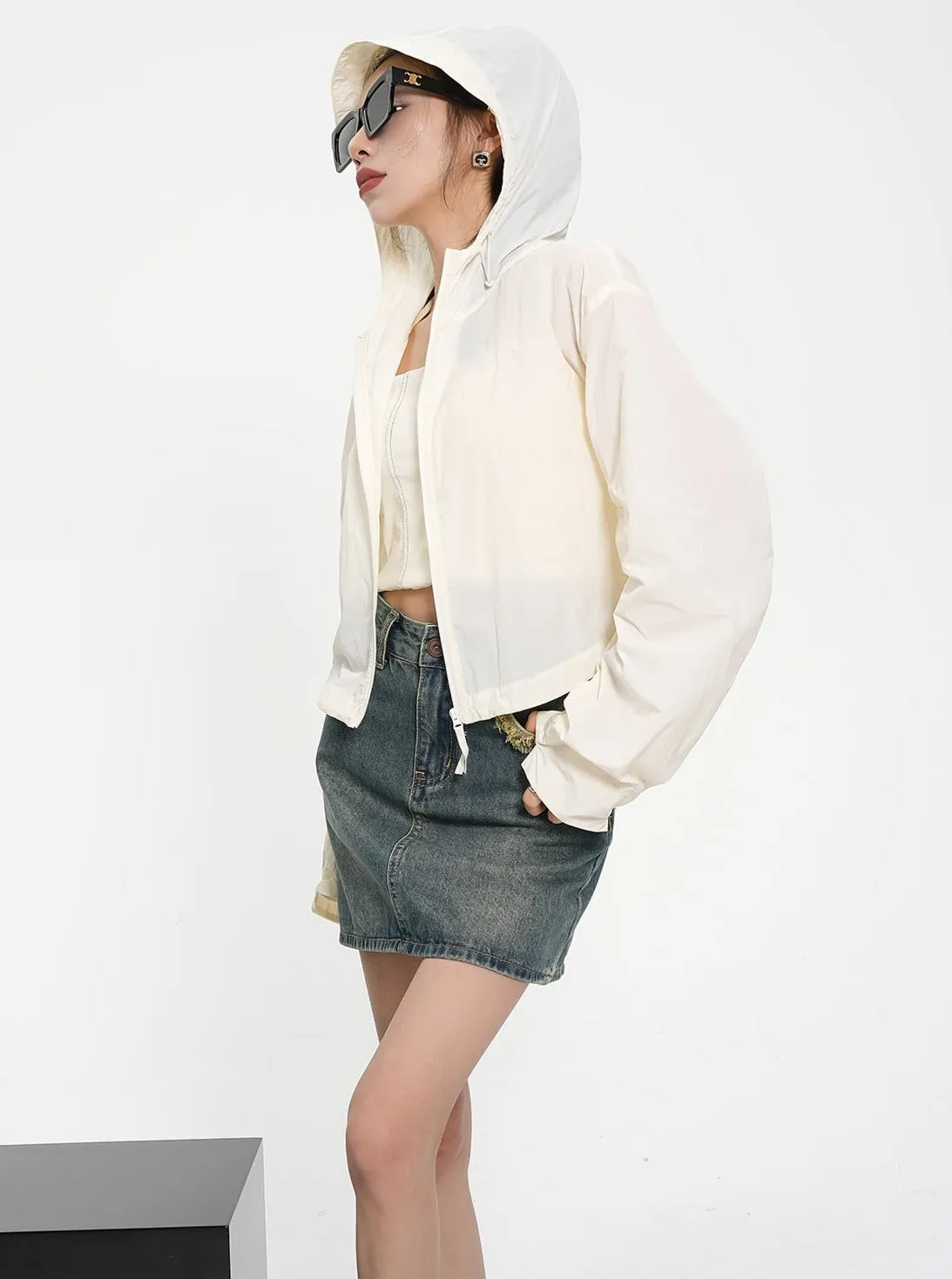 Textured Contrast Duo: Ivory Puff-Sleeve Crop Blouse & Black Quilted Bomber Jacket Set