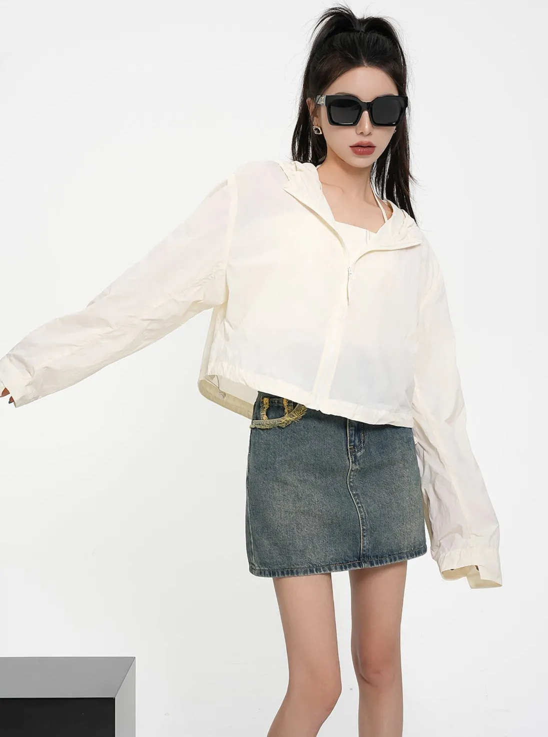 Textured Contrast Duo: Ivory Puff-Sleeve Crop Blouse & Black Quilted Bomber Jacket Set