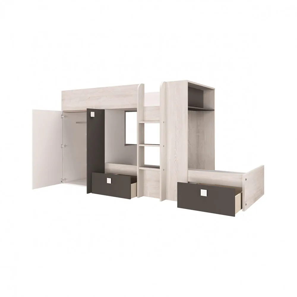 Trasman Barca Bunk Bed in Antraciet Pino with Wardrobe and Storage