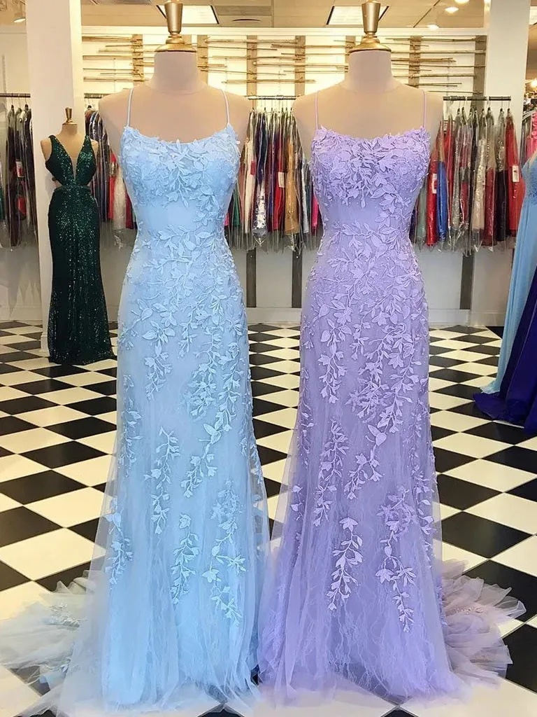 Trumpet/Mermaid Scoop Neck Sleeveless Sweep Train Lace Prom Dress With Crystal