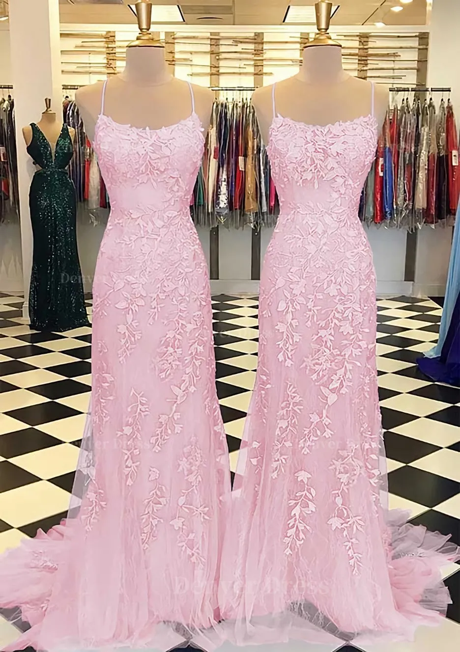 Trumpet/Mermaid Scoop Neck Sleeveless Sweep Train Lace Prom Dress With Crystal