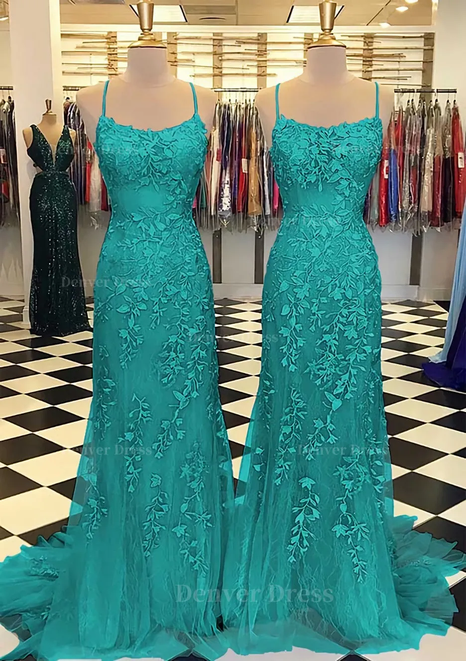 Trumpet/Mermaid Scoop Neck Sleeveless Sweep Train Lace Prom Dress With Crystal