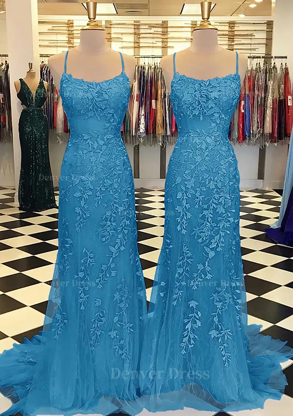 Trumpet/Mermaid Scoop Neck Sleeveless Sweep Train Lace Prom Dress With Crystal