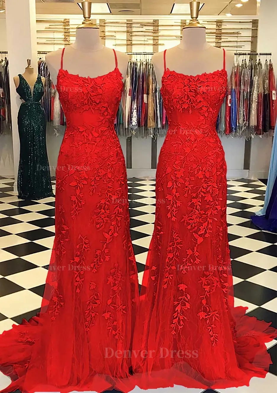 Trumpet/Mermaid Scoop Neck Sleeveless Sweep Train Lace Prom Dress With Crystal