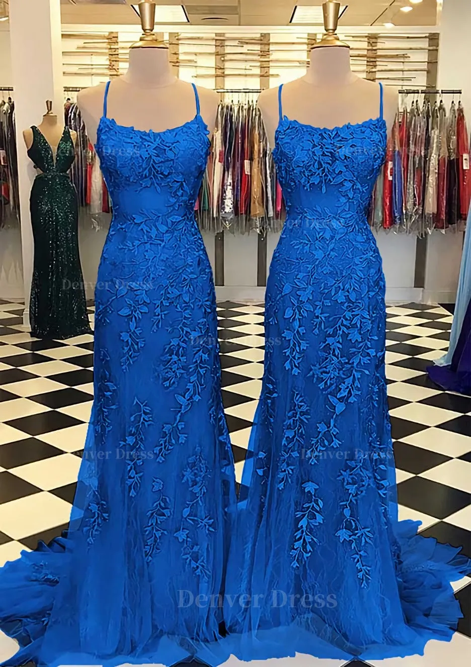 Trumpet/Mermaid Scoop Neck Sleeveless Sweep Train Lace Prom Dress With Crystal