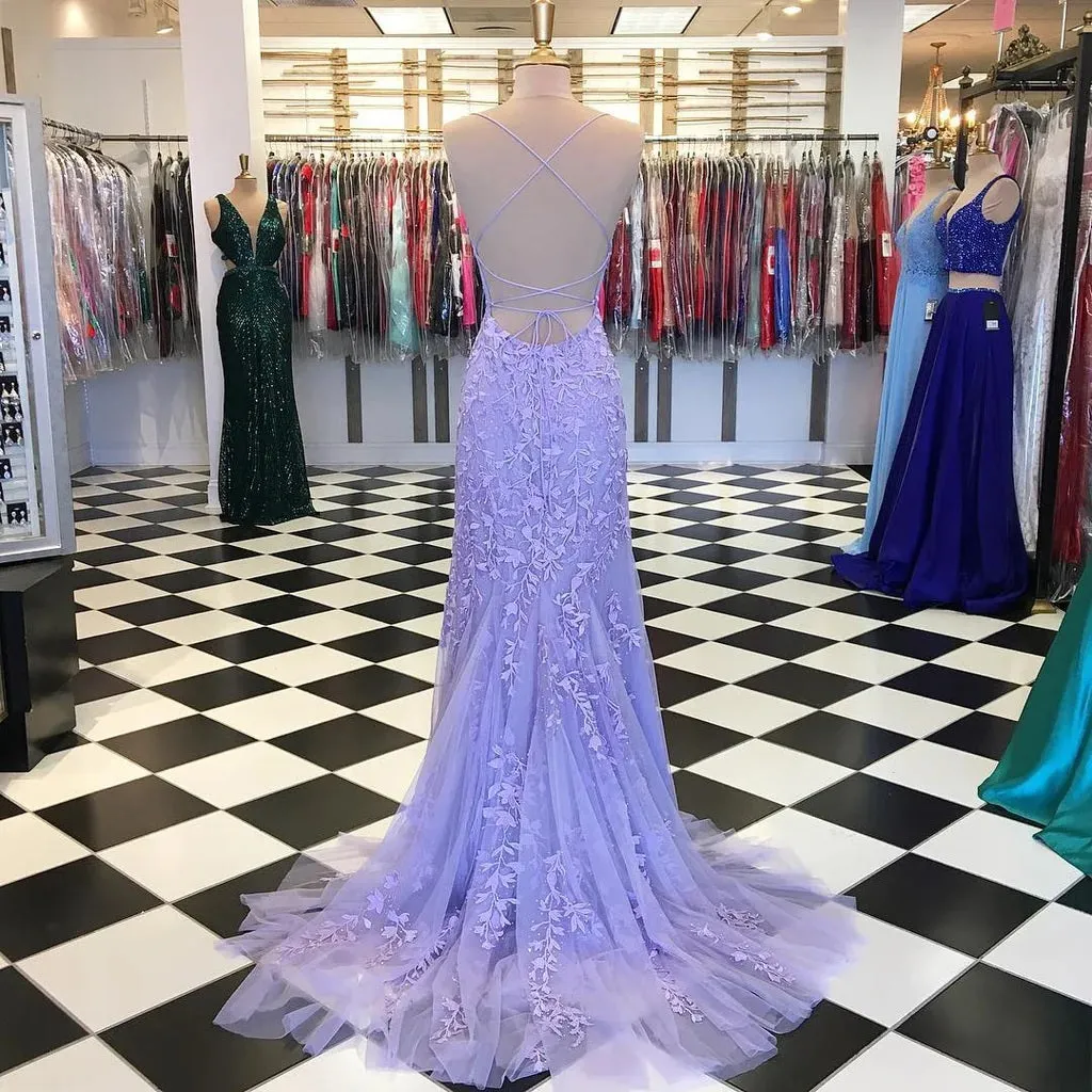 Trumpet/Mermaid Scoop Neck Sleeveless Sweep Train Lace Prom Dress With Crystal