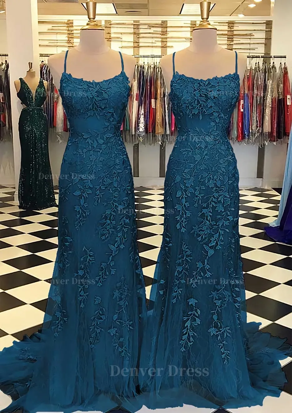 Trumpet/Mermaid Scoop Neck Sleeveless Sweep Train Lace Prom Dress With Crystal