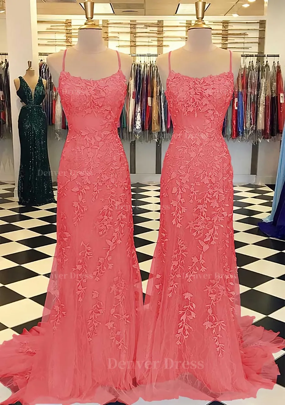 Trumpet/Mermaid Scoop Neck Sleeveless Sweep Train Lace Prom Dress With Crystal