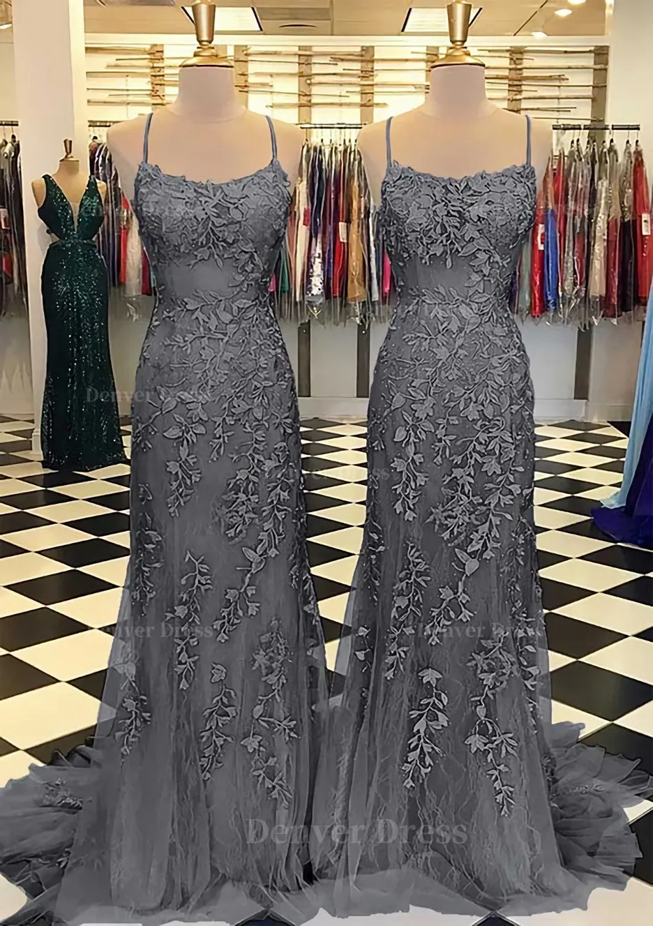 Trumpet/Mermaid Scoop Neck Sleeveless Sweep Train Lace Prom Dress With Crystal