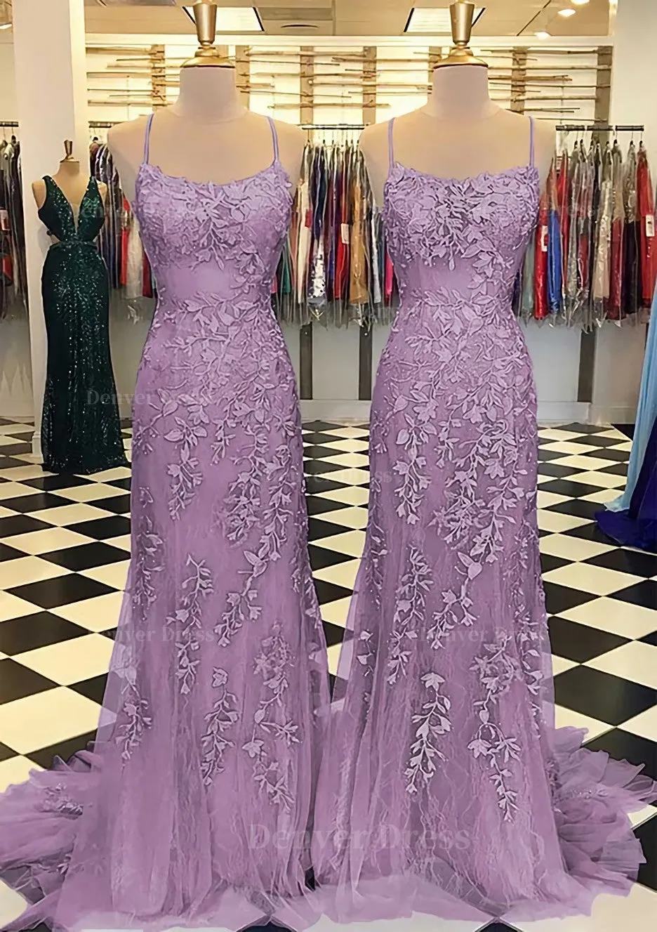 Trumpet/Mermaid Scoop Neck Sleeveless Sweep Train Lace Prom Dress With Crystal