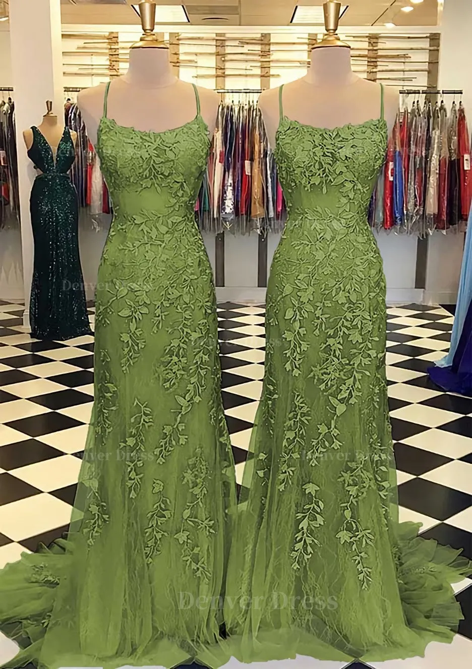 Trumpet/Mermaid Scoop Neck Sleeveless Sweep Train Lace Prom Dress With Crystal