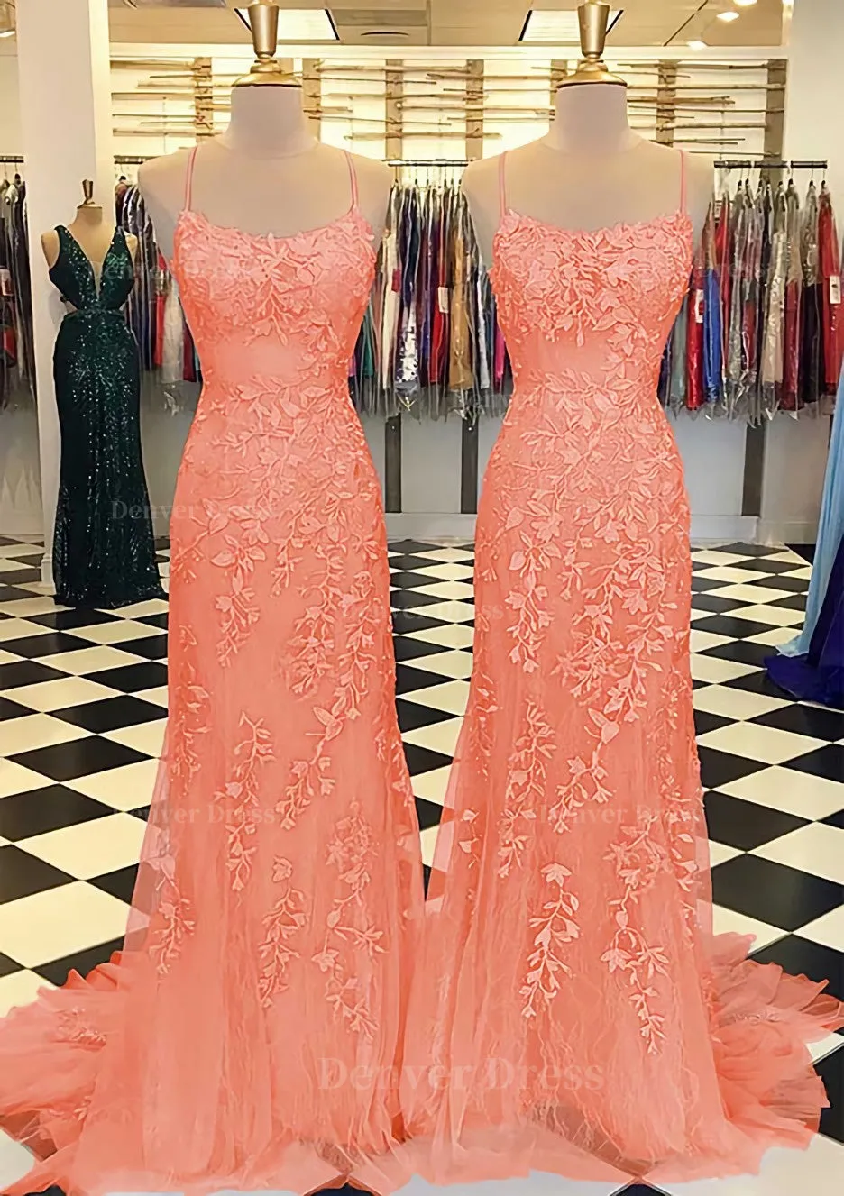 Trumpet/Mermaid Scoop Neck Sleeveless Sweep Train Lace Prom Dress With Crystal