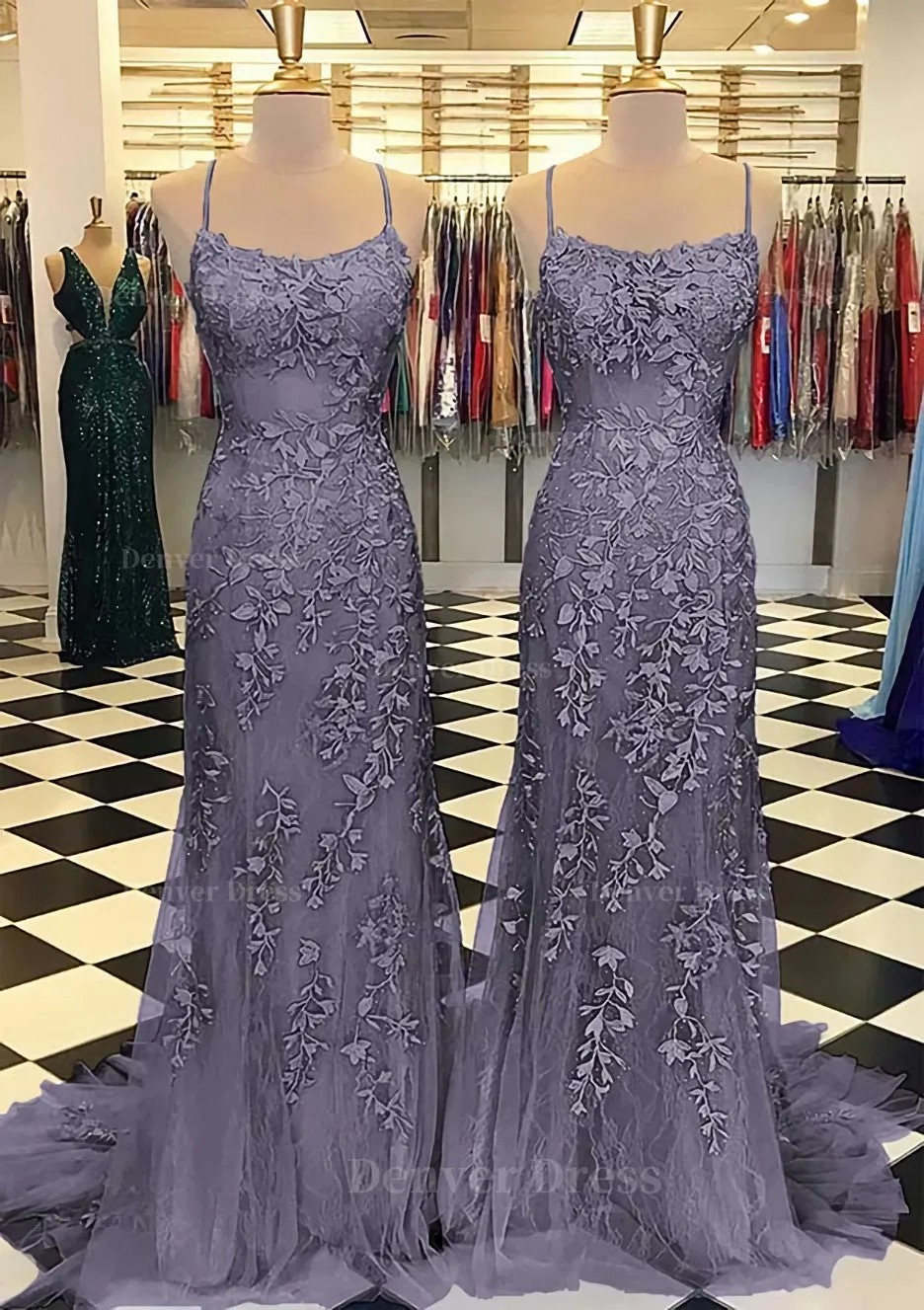 Trumpet/Mermaid Scoop Neck Sleeveless Sweep Train Lace Prom Dress With Crystal