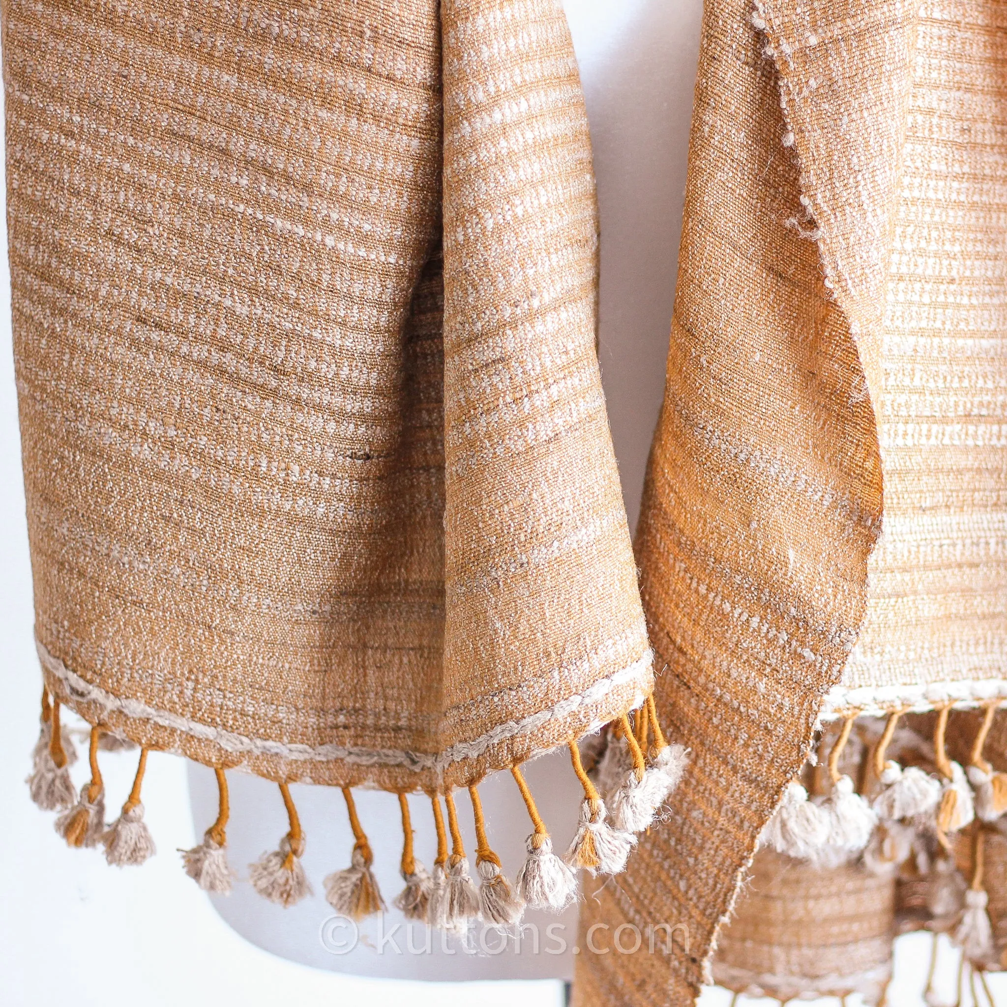 Tussar Silk & Merino Wool Shawl - Long Tassels | Handwoven Golden Wrap, 39x86"