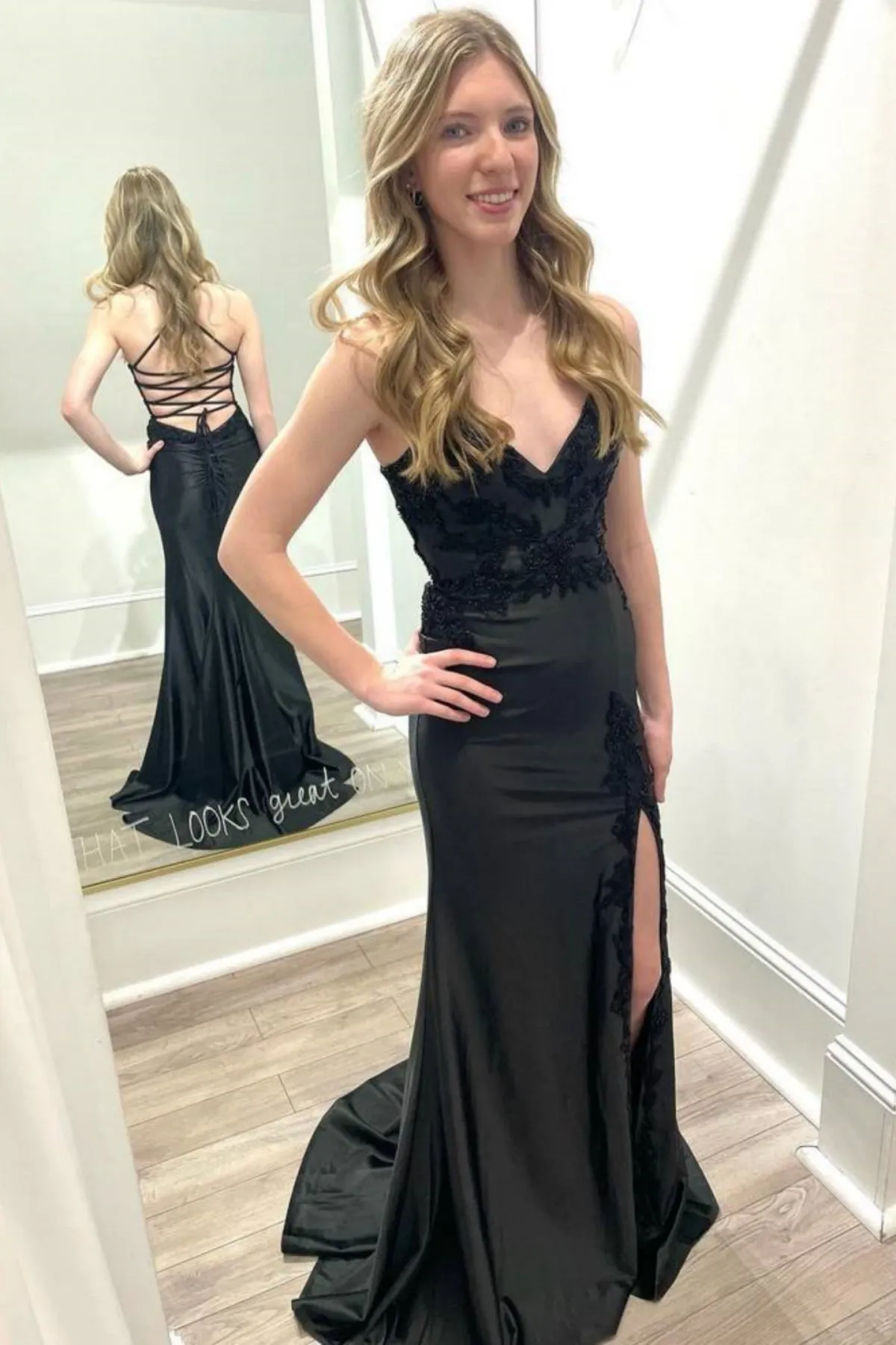 V Neck Backless Mermaid Black/Blue Lace Long Prom Dress with High Slit, Long Mermaid Black/Blue Lace Formal Graduation Evening Dress A2168