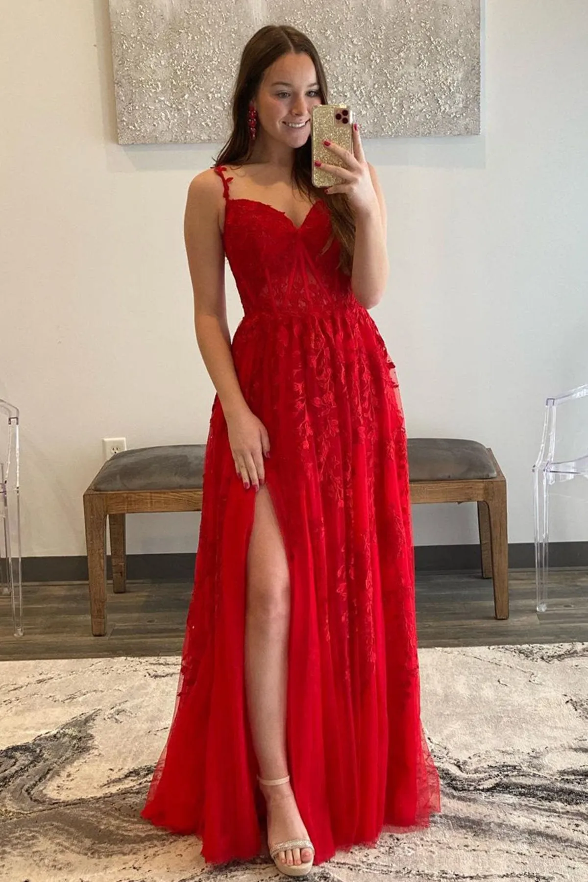 V Neck Tulle Red Lace Long Prom Dress with High Slit, Red Lace Formal Dress, Red Evening Dress A1458