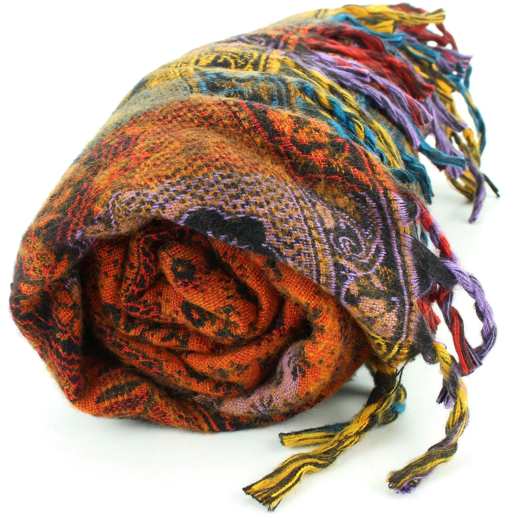 Vegan Wool Shawl Blanket - Paisley Stripe - Orange & Yellow