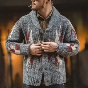 Vintage Geometric Pattern Knitted Cardigan Sweater for Men - Oversized V-neck