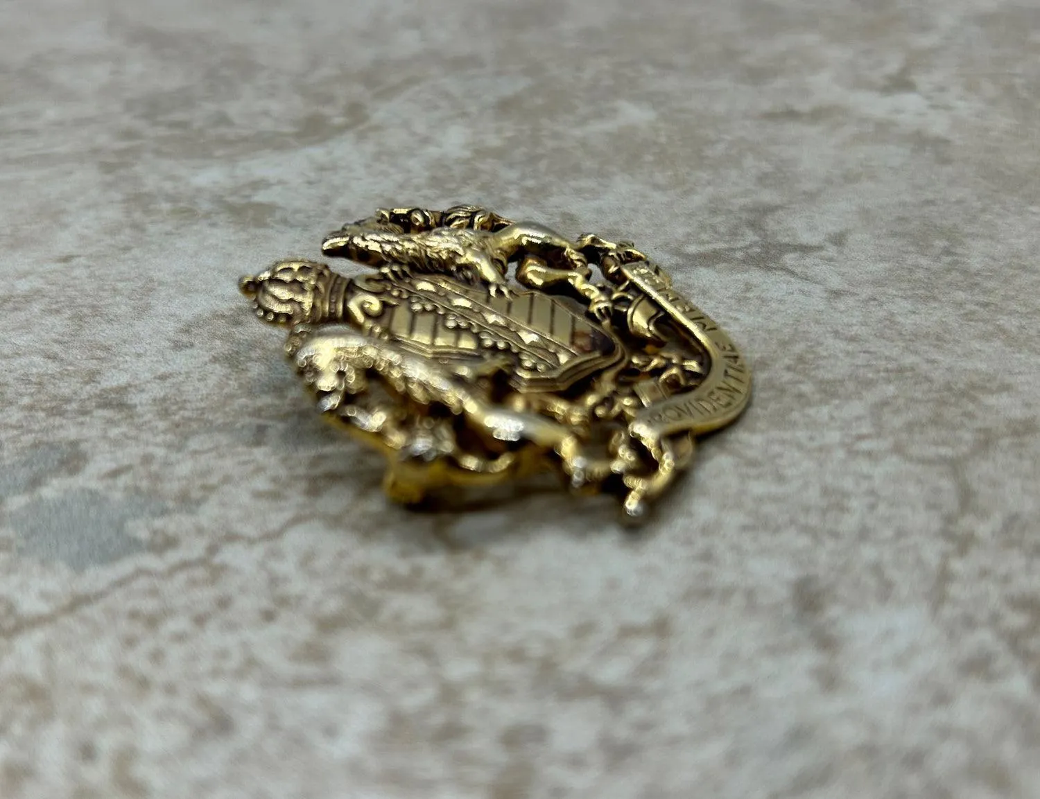 Vintage Paquetta Gold Coat of Arms "Providentiae Memor" Brooch