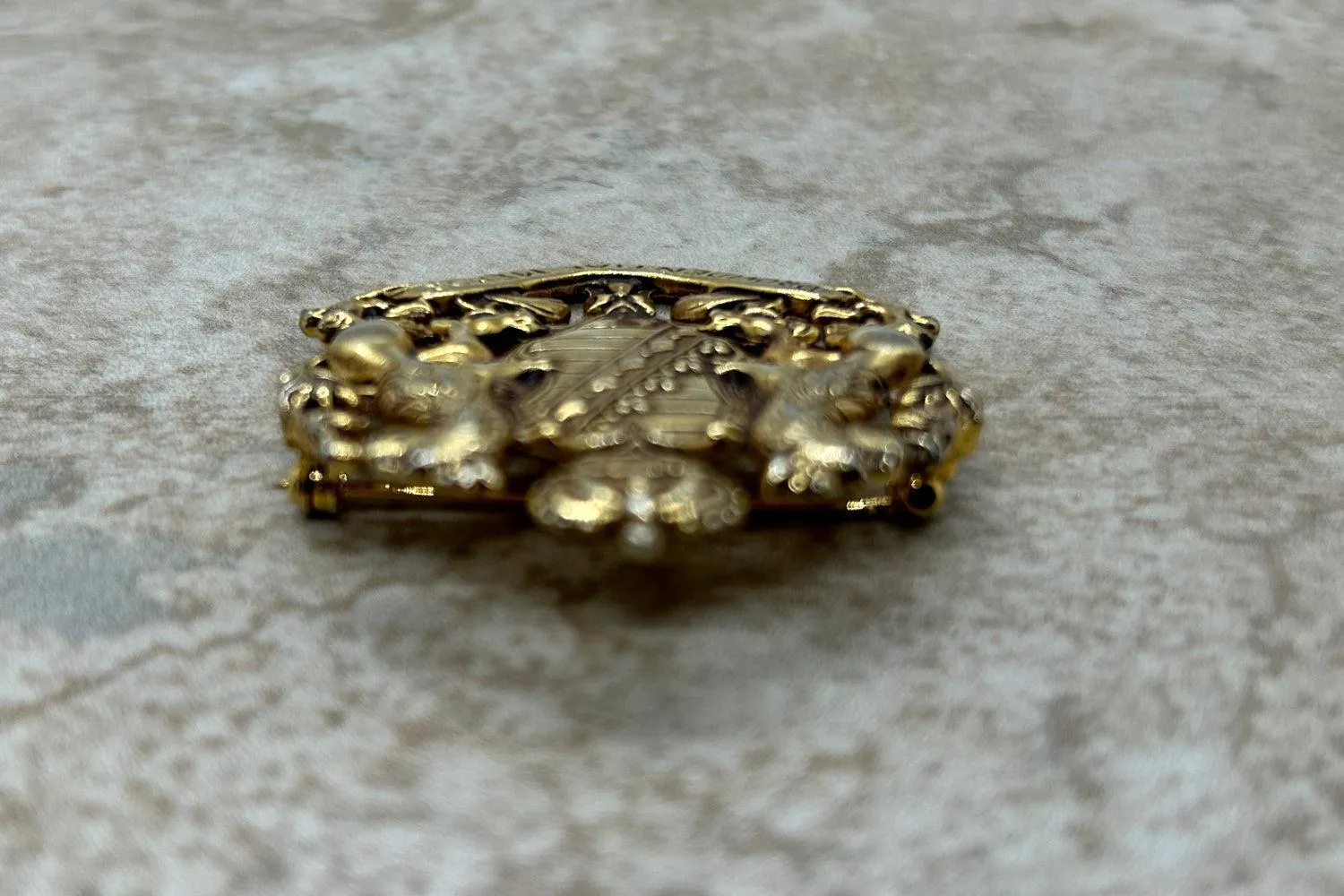 Vintage Paquetta Gold Coat of Arms "Providentiae Memor" Brooch