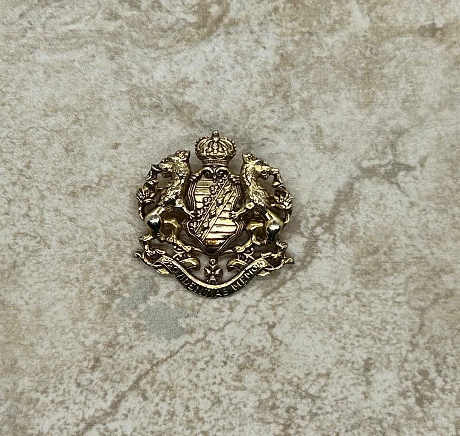 Vintage Paquetta Gold Coat of Arms "Providentiae Memor" Brooch