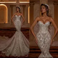 vintage Strapless Mermaid Wedding Dress Sweetheart Sequined Lace Arabic Trumpet Bridal Gowns Robe De Soiree lacefull robe de mariage