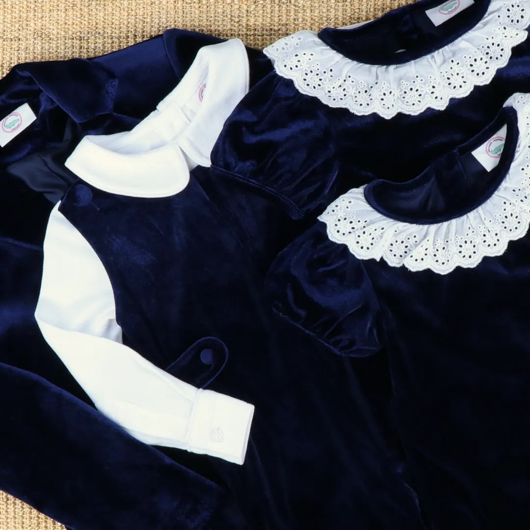 White Eyelet Ruffle Navy Blue Velvet Girl Bubble