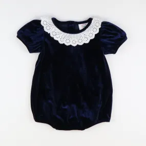 White Eyelet Ruffle Navy Blue Velvet Girl Bubble