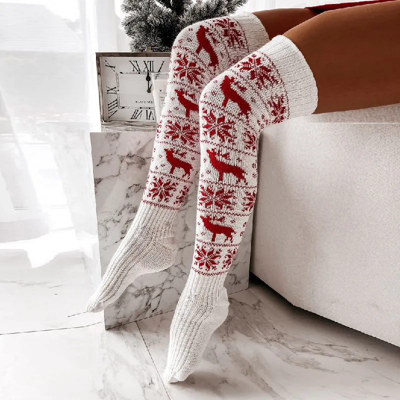 Winter Christmas Warm Knitted Women Stocking Beautiful Elk Snowflake Jacquard Over-the-knee Casual Long Socks