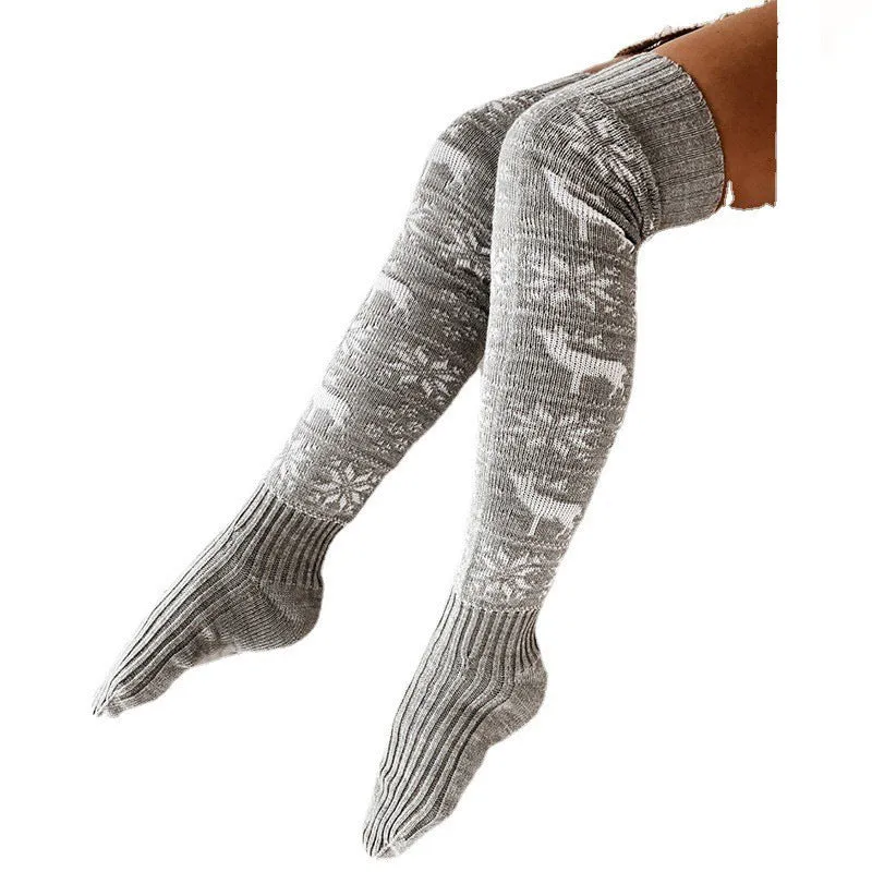 Winter Christmas Warm Knitted Women Stocking Beautiful Elk Snowflake Jacquard Over-the-knee Casual Long Socks