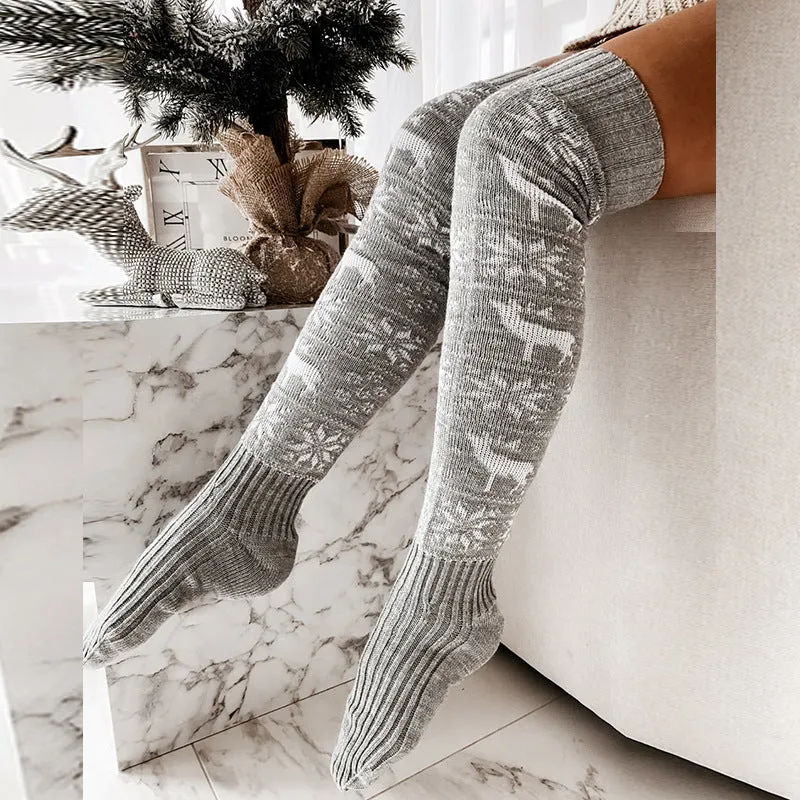 Winter Christmas Warm Knitted Women Stocking Beautiful Elk Snowflake Jacquard Over-the-knee Casual Long Socks