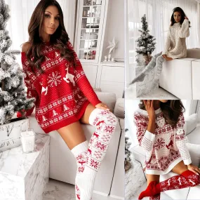 Winter Christmas Warm Knitted Women Stocking Beautiful Elk Snowflake Jacquard Over-the-knee Casual Long Socks