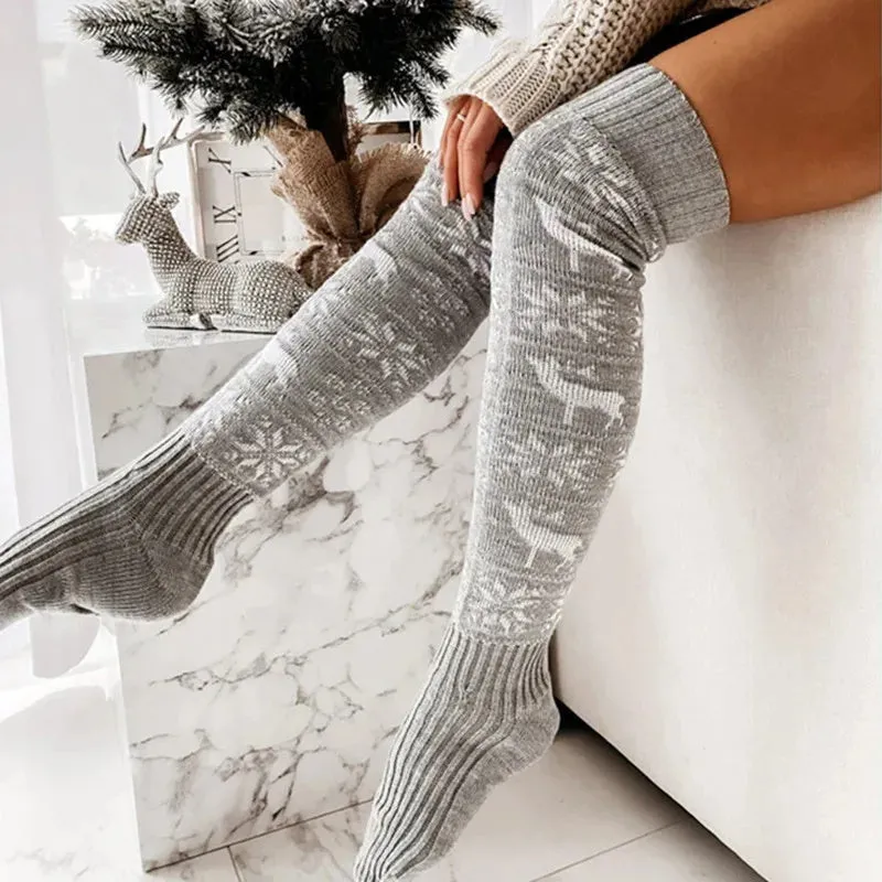 Winter Christmas Warm Knitted Women Stocking Beautiful Elk Snowflake Jacquard Over-the-knee Casual Long Socks