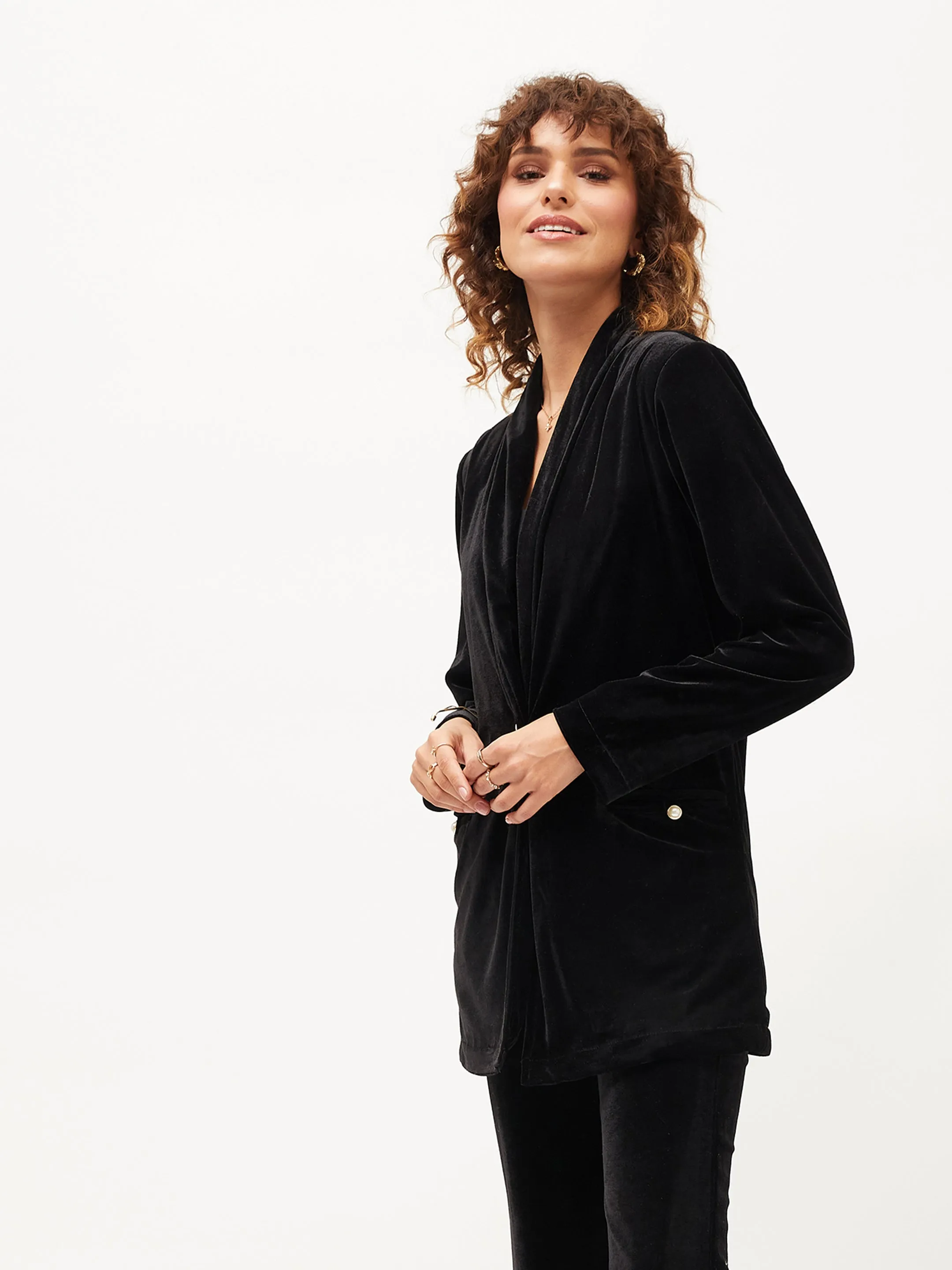 Women Black Velvet Shawl Collar Blazer