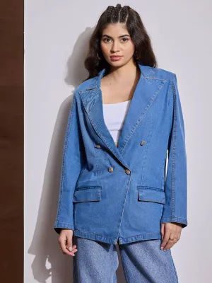 Women Blue Notch Collar Full Sleeve Blazer