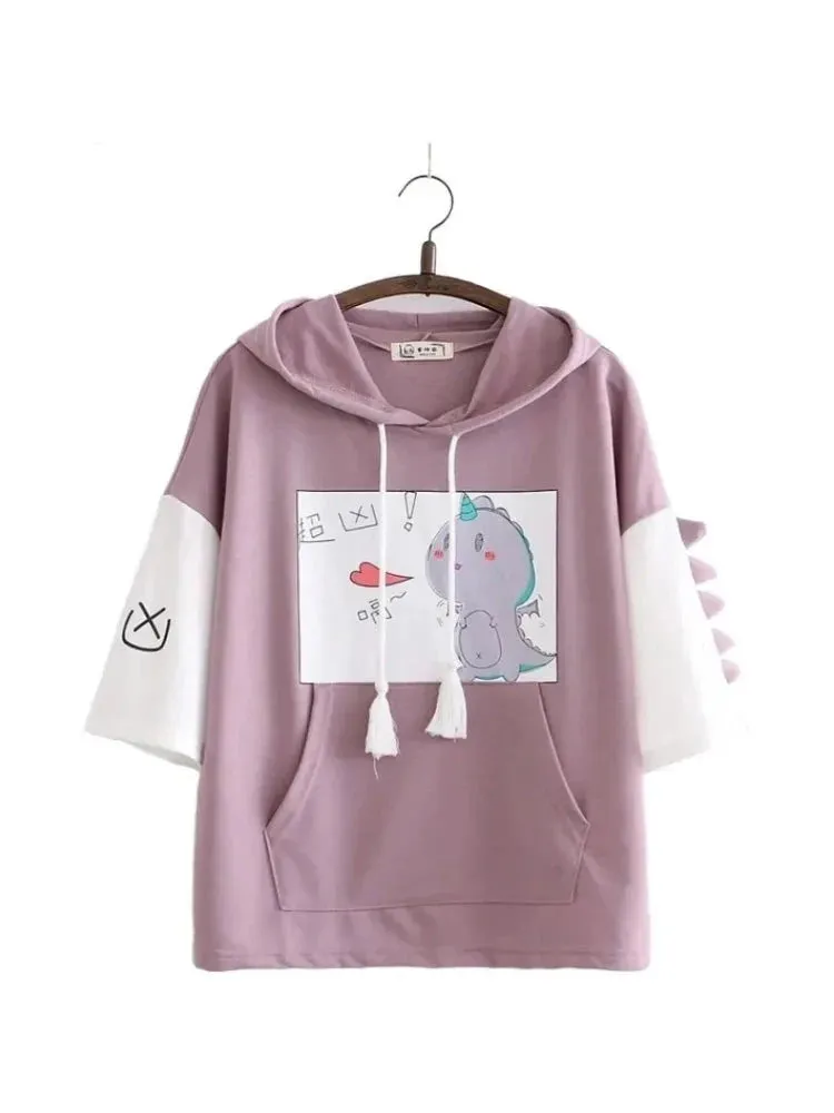 Women Dinosaur Print Funny Hooded Sweatshirts With Pocket Spring Short Sleeve Cotton Hoodies Harajuku Pullovers Tracksuit