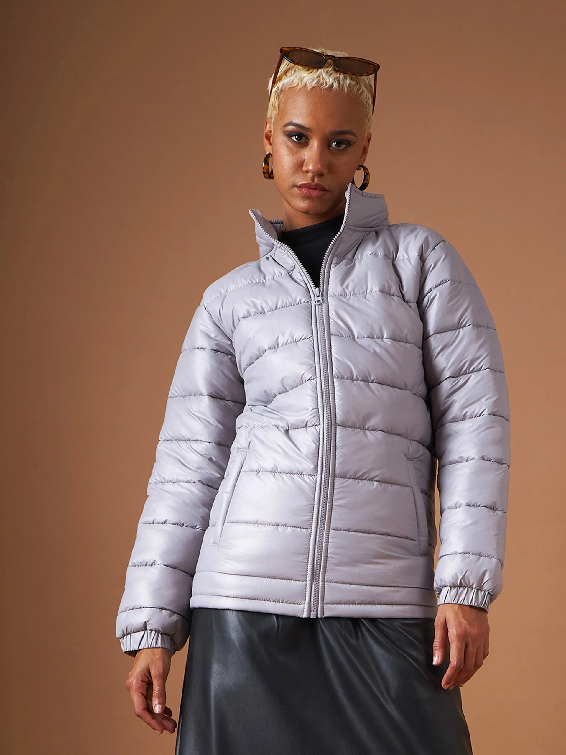 Women Grey High Neck Horizontal Quilt Puffer Jacket