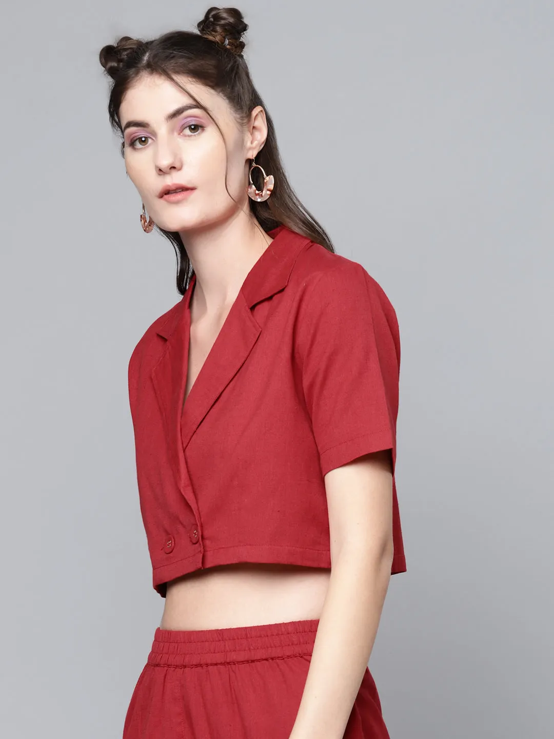 Women Maroon Cotton Linen Crop Blazer Top